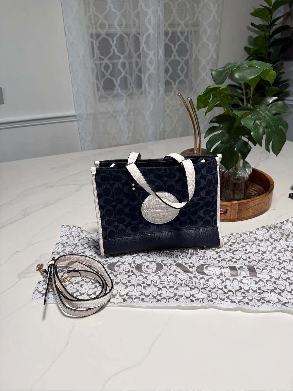 Coach Navy Signature Canvas Tote with Chalk Accents and Detachable Strap
